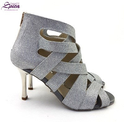Tanzschuhe S-G11 Shaula von Dancing Queens: Silberglitzer, hoher Absatz, überkreuzte Riemen, Rückseite aus echtem Leder.